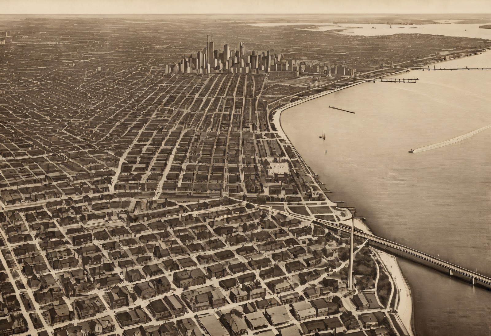 Chicago Lakefront Bird\'s-Eye View 1900s - Antique Wall Art Print