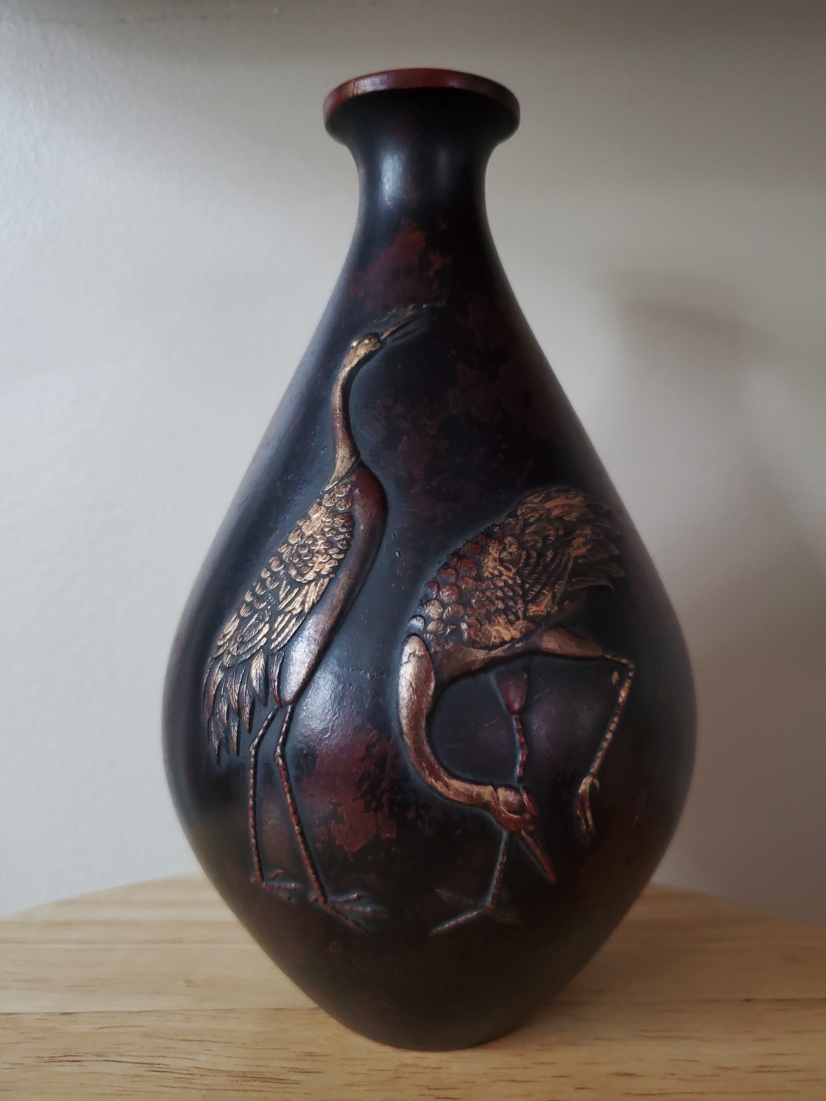 Vintage Japanese Takaoka Bronze Vase with Raised Crane Relief by Murata Kosaku