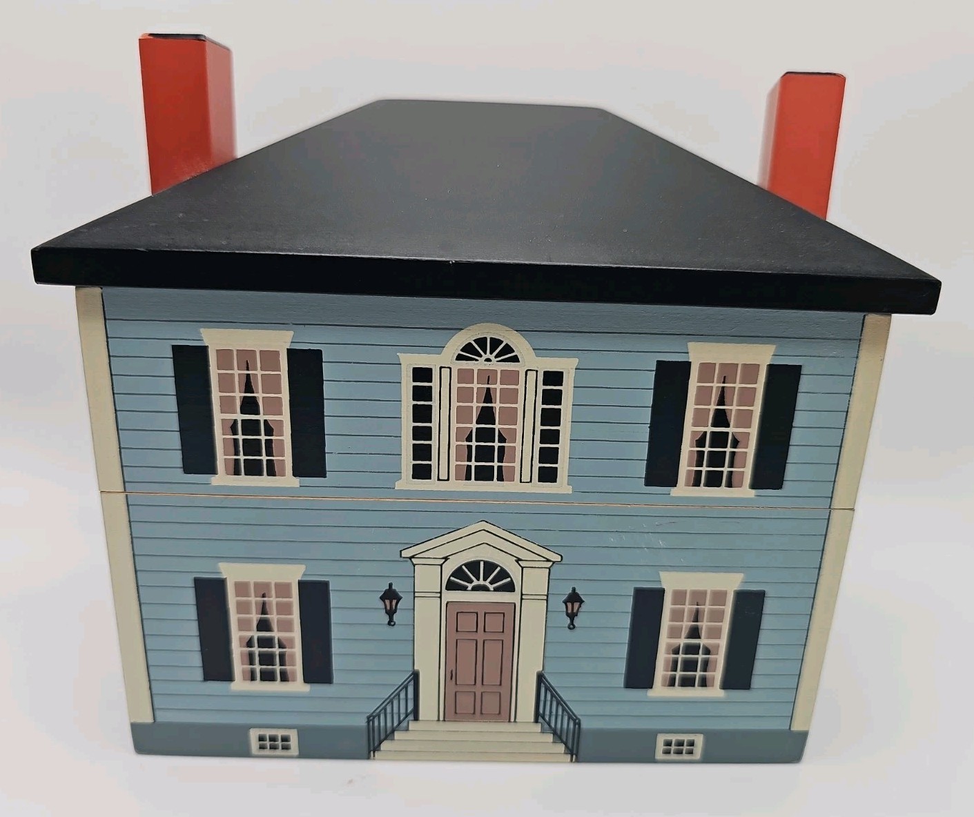 Vintage 1993 Windfield Designs Wooden House Recipe Box Georgian Colonial Blue