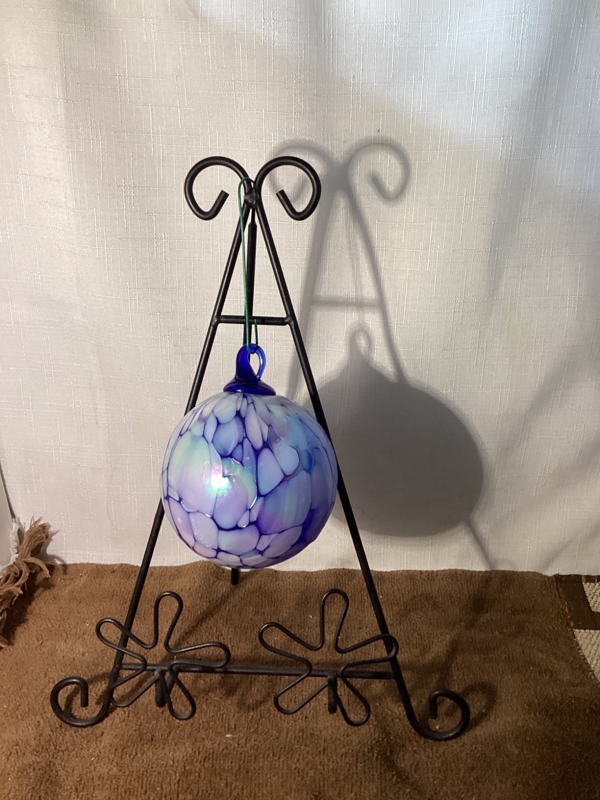 Hand Blown  Iridescent Art Glass Ball Ornament Orb Purple White Blue