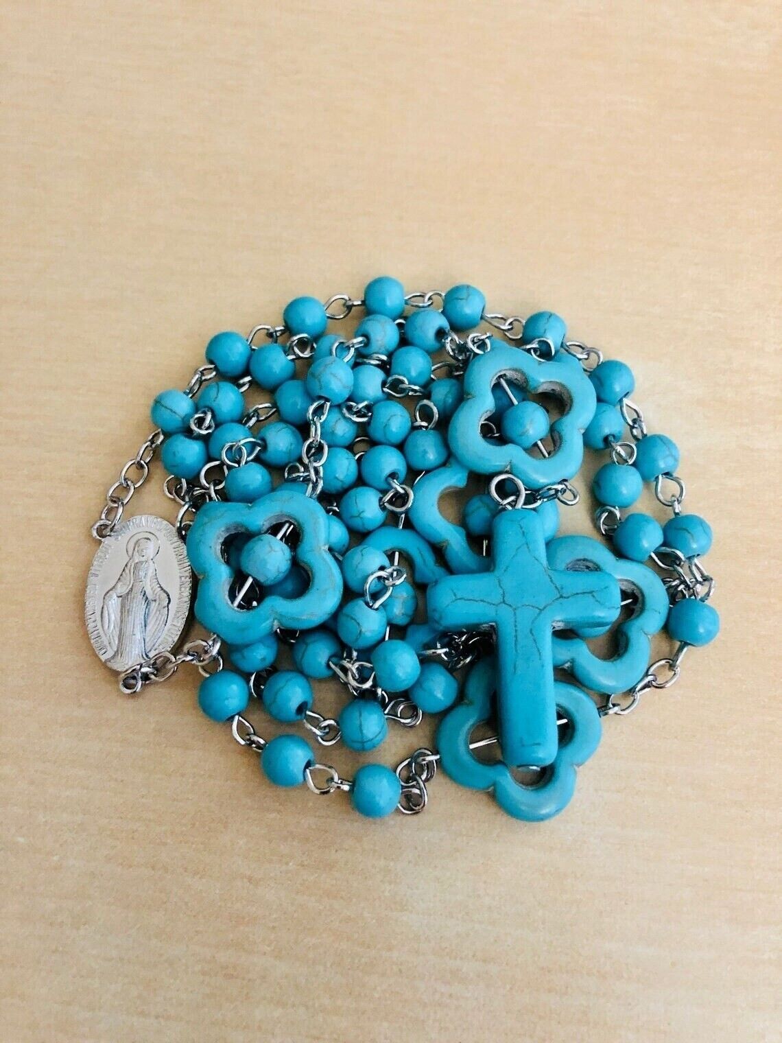 Catholic Rosary Necklace Blue Turquoise beads Miraculous Medal & cross Jerusalem