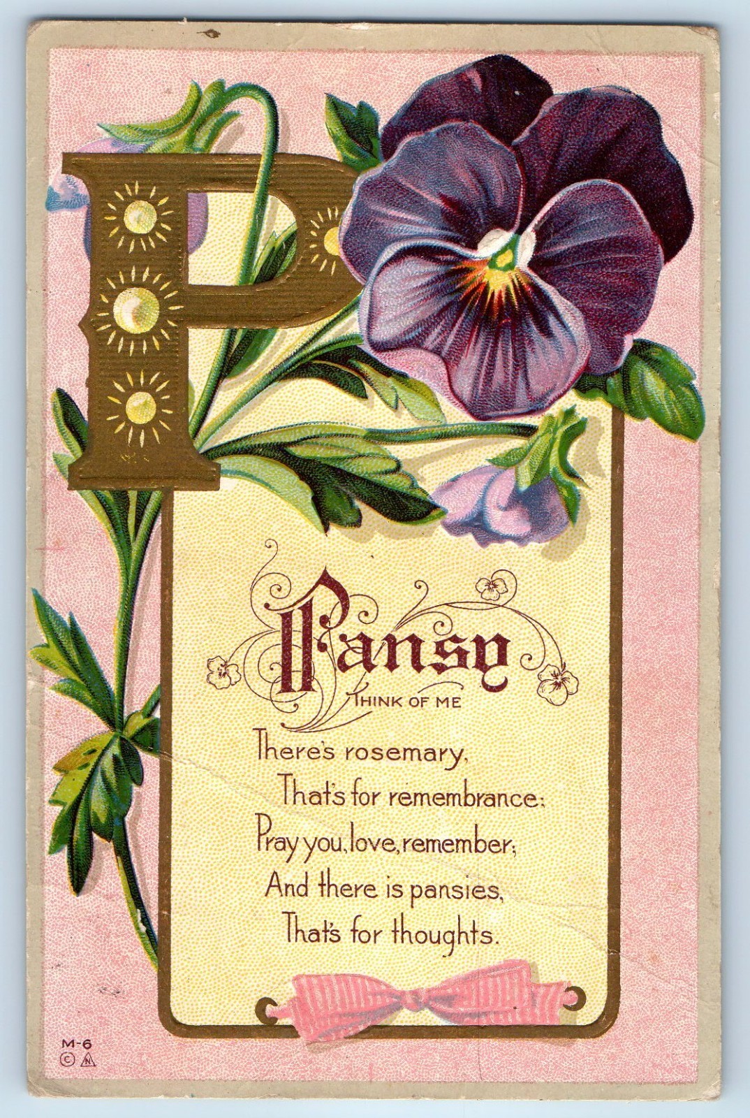 c1910's Large Letter P Pansy Think Of Me Flowers Embossed Antique Postcard