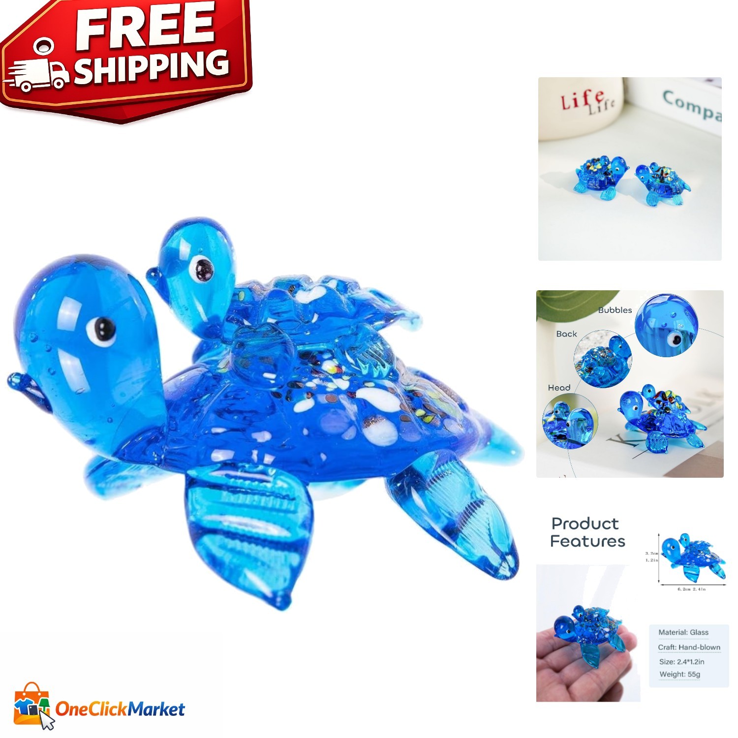 Exquisite 2.5'' Hand-Blown Glass Sea Turtle Figurine - Unique Ocean Collectible