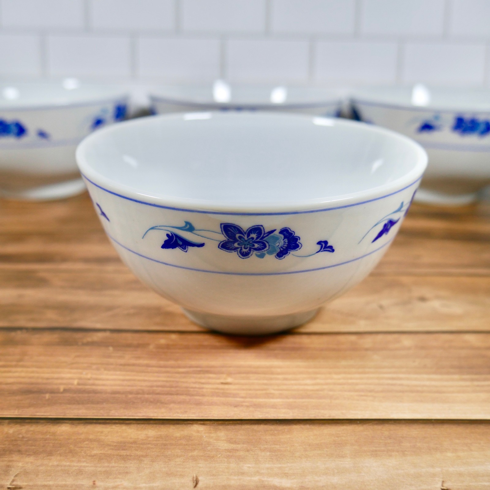 Chinese Blue White Floral Rice Bowls Set of 4 Ceramic Asian Dinnerware 4.25”