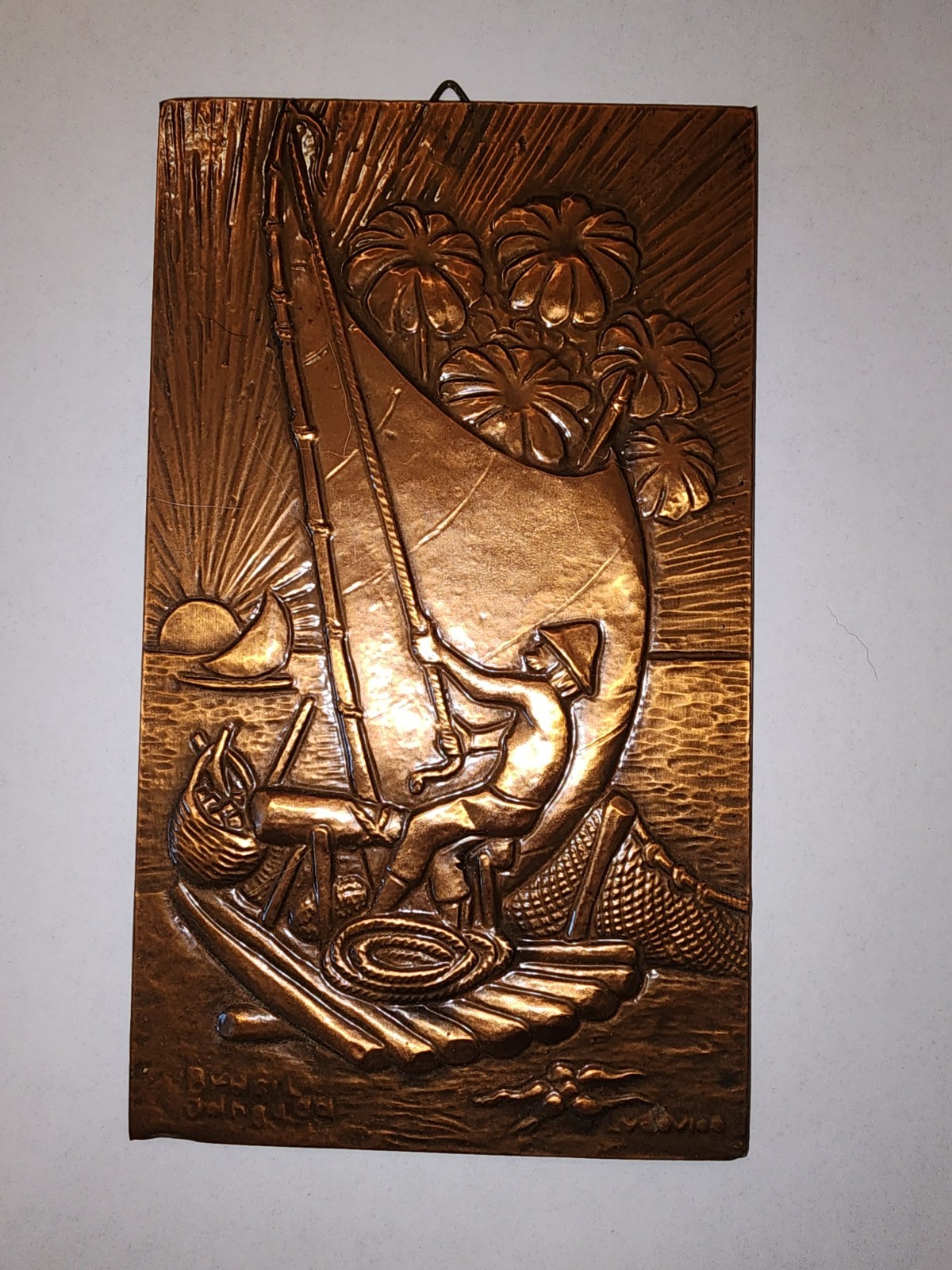 1960s Vintage : EMBOSSED copper WALL ART @ Brazil HIEROGLYPHICS & Primitive BOAT