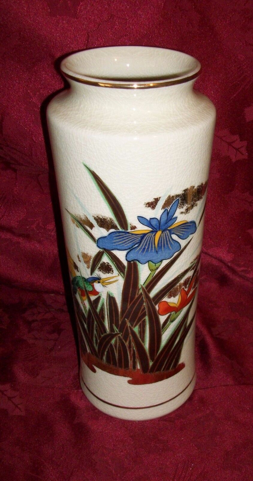 Beautiful Gold & Colorful Flower Birds Porcelain Vase With Gold Trim -12\
