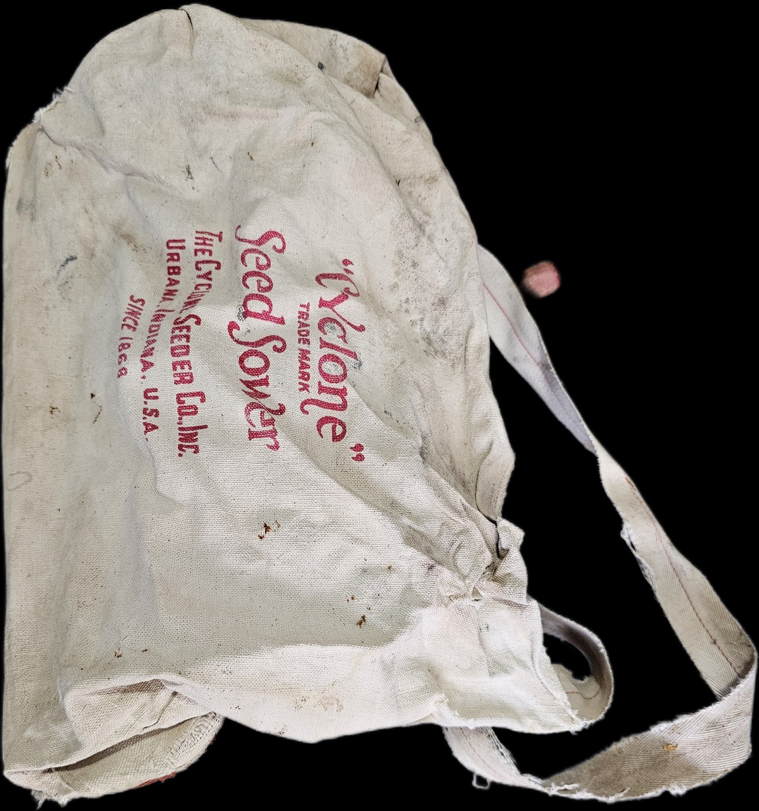 Vintage Cyclone Seed Sower Hand Crank Canvas Bag Seeder Urbana Indiana Farm Tool