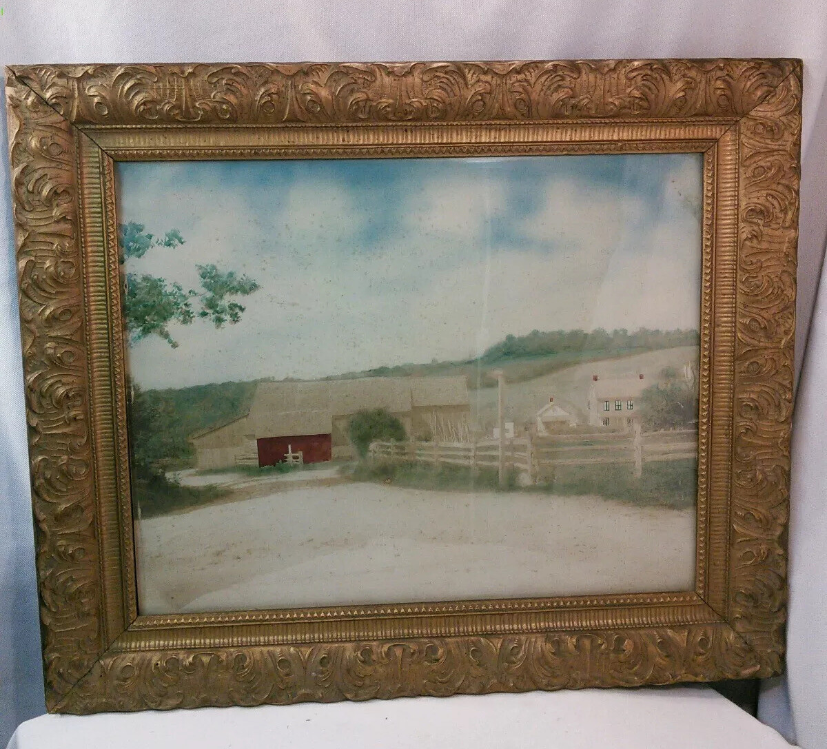 Vtg Photograph LG farm house barn Red Painted over picture 1930-40\'s frame Art