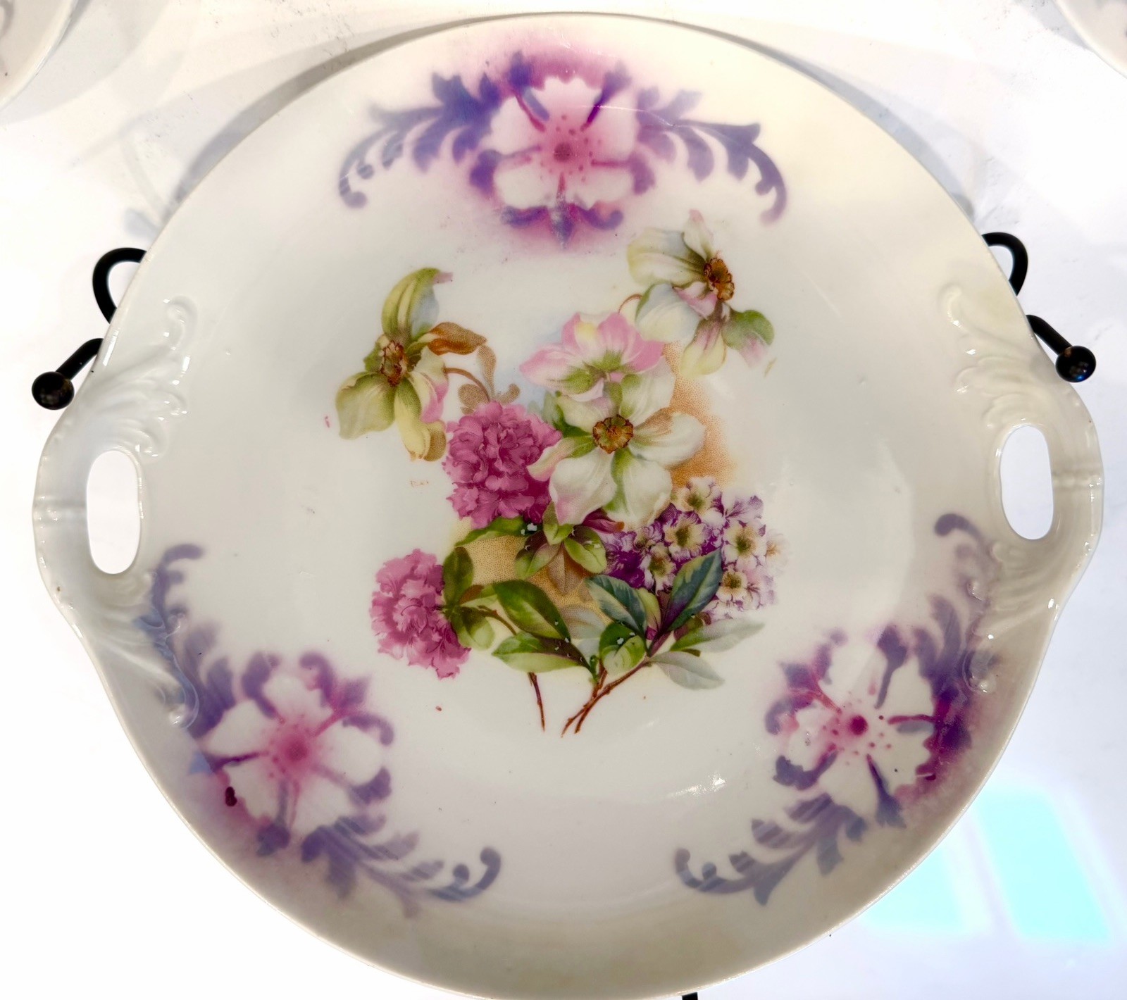 Antique Crown Serving Plate & Saucers Floral Center Polychrome Pearl Estate