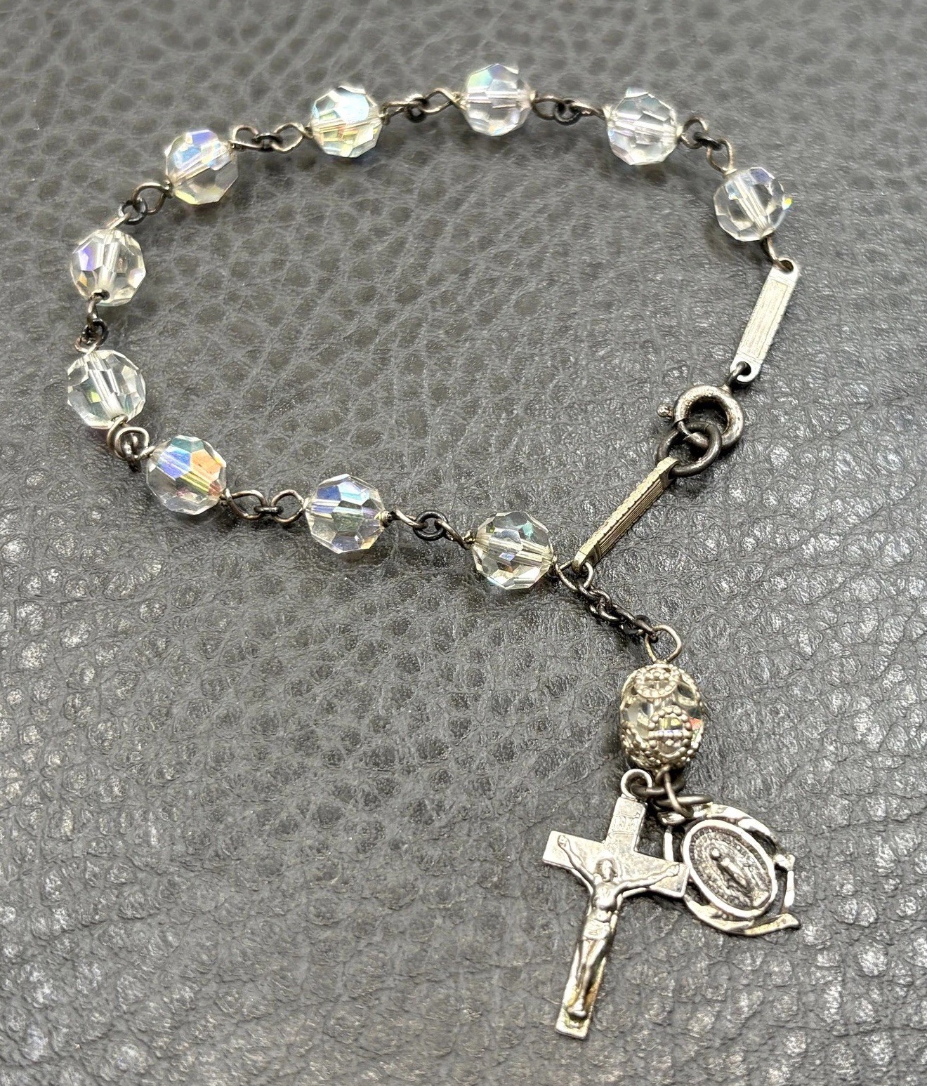 VTG Sterling Silver Pocket Rosary Bracelet AB Crystal Beads Crucifix Miraculous