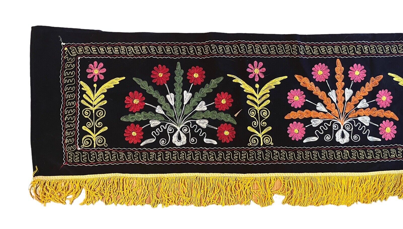 Vintage Uzbek Handmade Suzani Velvet & Silk Fringed Wall Hanging 156