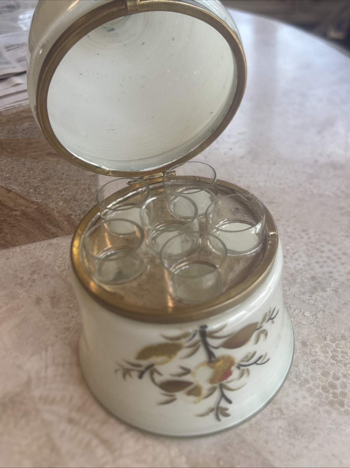 Antique Liquor Decanter Hand Blown/Painted Glass Tantalus Shot Set Czech