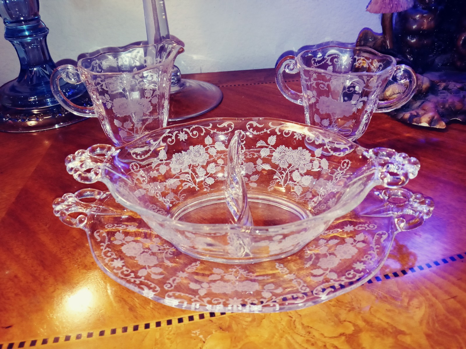 Fostoria Midnight Rose Relish Dish Serving Platter Creamer Sugar Etched Glass-4