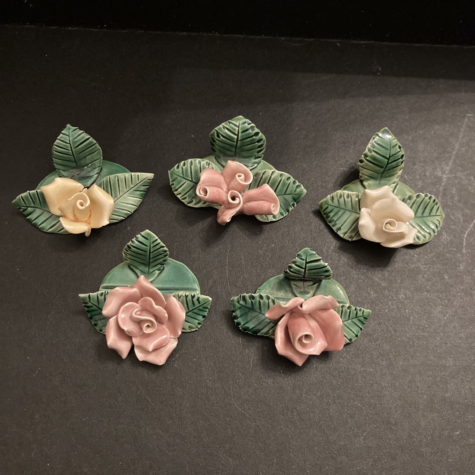 5 Pink Yellow Floral Roses Ceramic Table Place Card Holders Handmade Signed