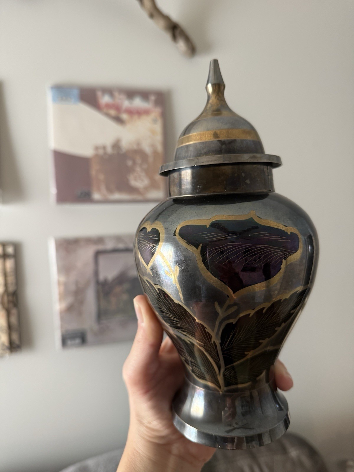 Black Gold Floral Metal Urn Decorative Jar, Vase Shape, vintage age, Unknown