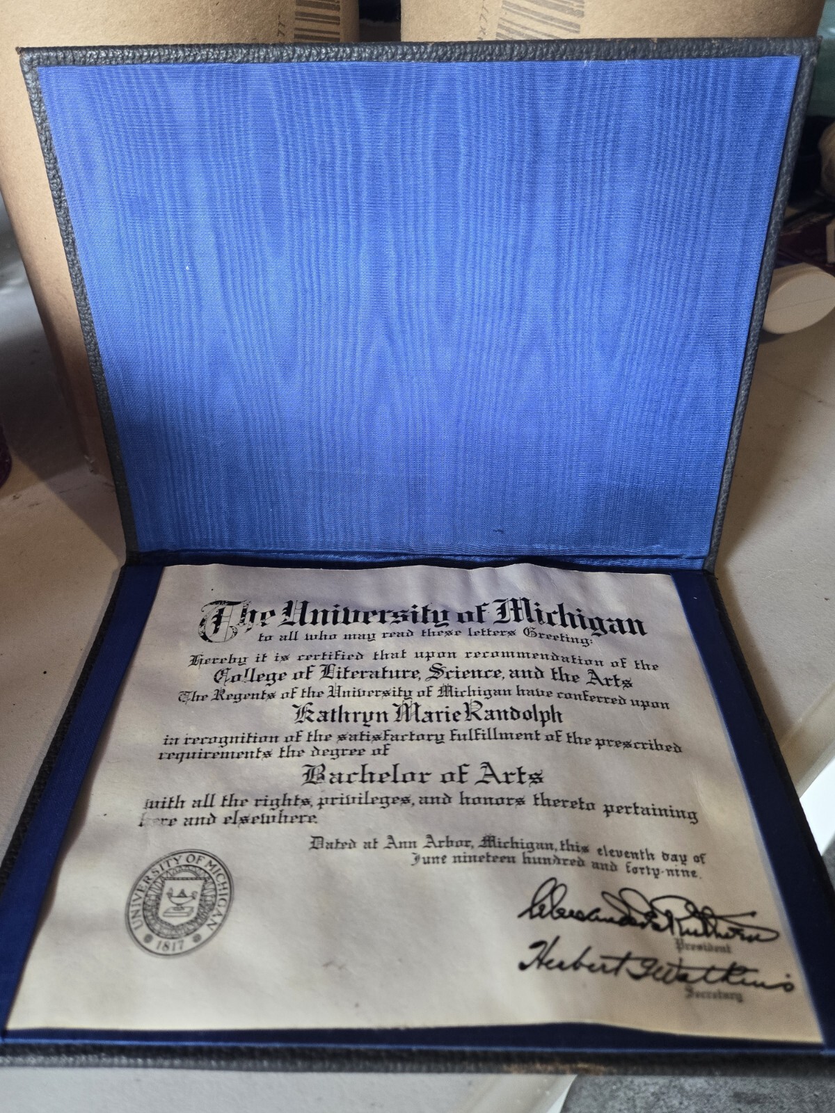 1949 University Of Michigan Diploma W/Matching Your Class Schedule Cover Case