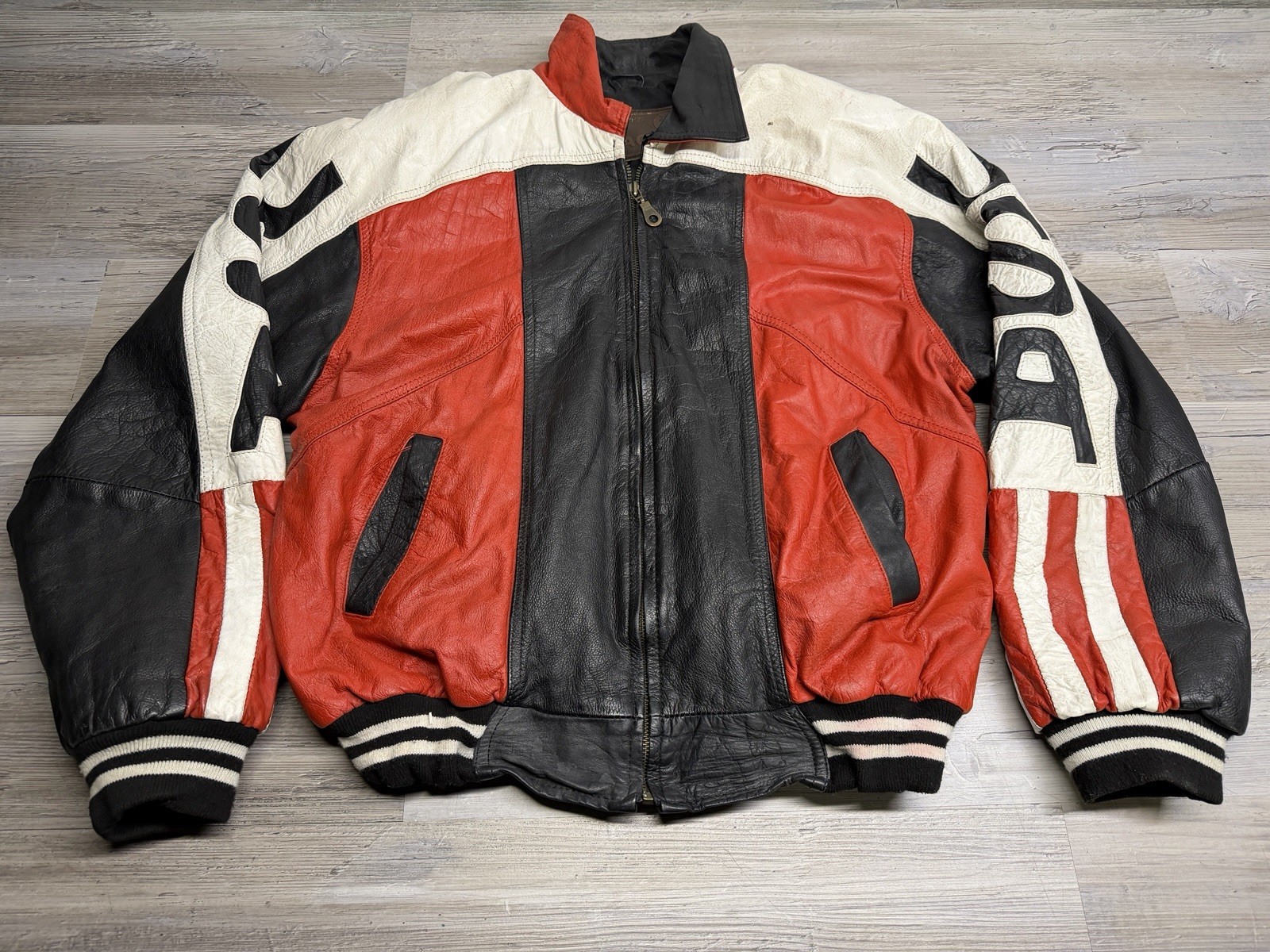 Vintage Paragon International USA Flag Genuine Leather Bomber Jacket Mens L