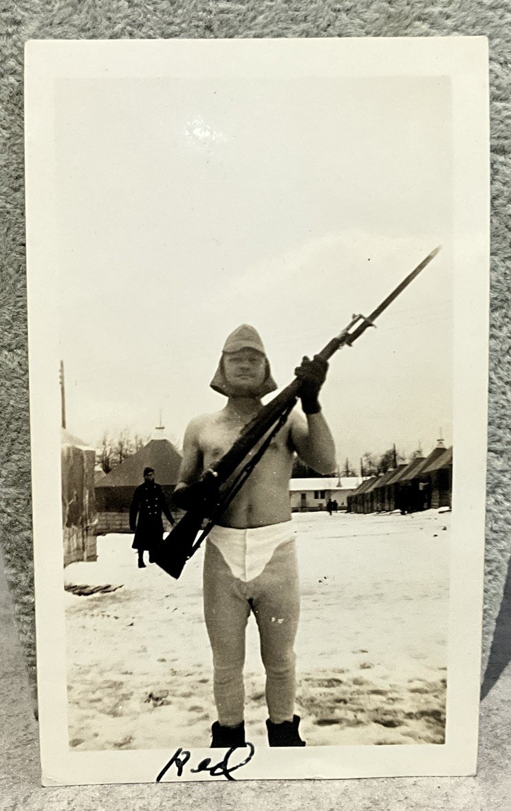 1941 Photo US Army Soldier in Long Johns & Hat No Shirt Snow Rifle Bayonet