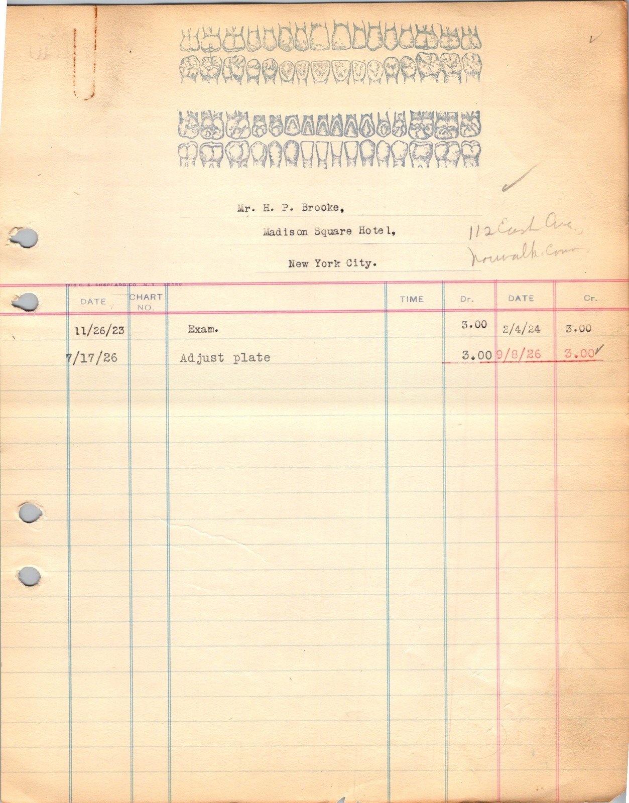 Dental Record Odontogram Ledger H.P. Brooke Madison Sq Hotel NYC 1920s Dental Record Odontogram Ledger H.P. Brooke Madison Sq Hotel NYC 1920s