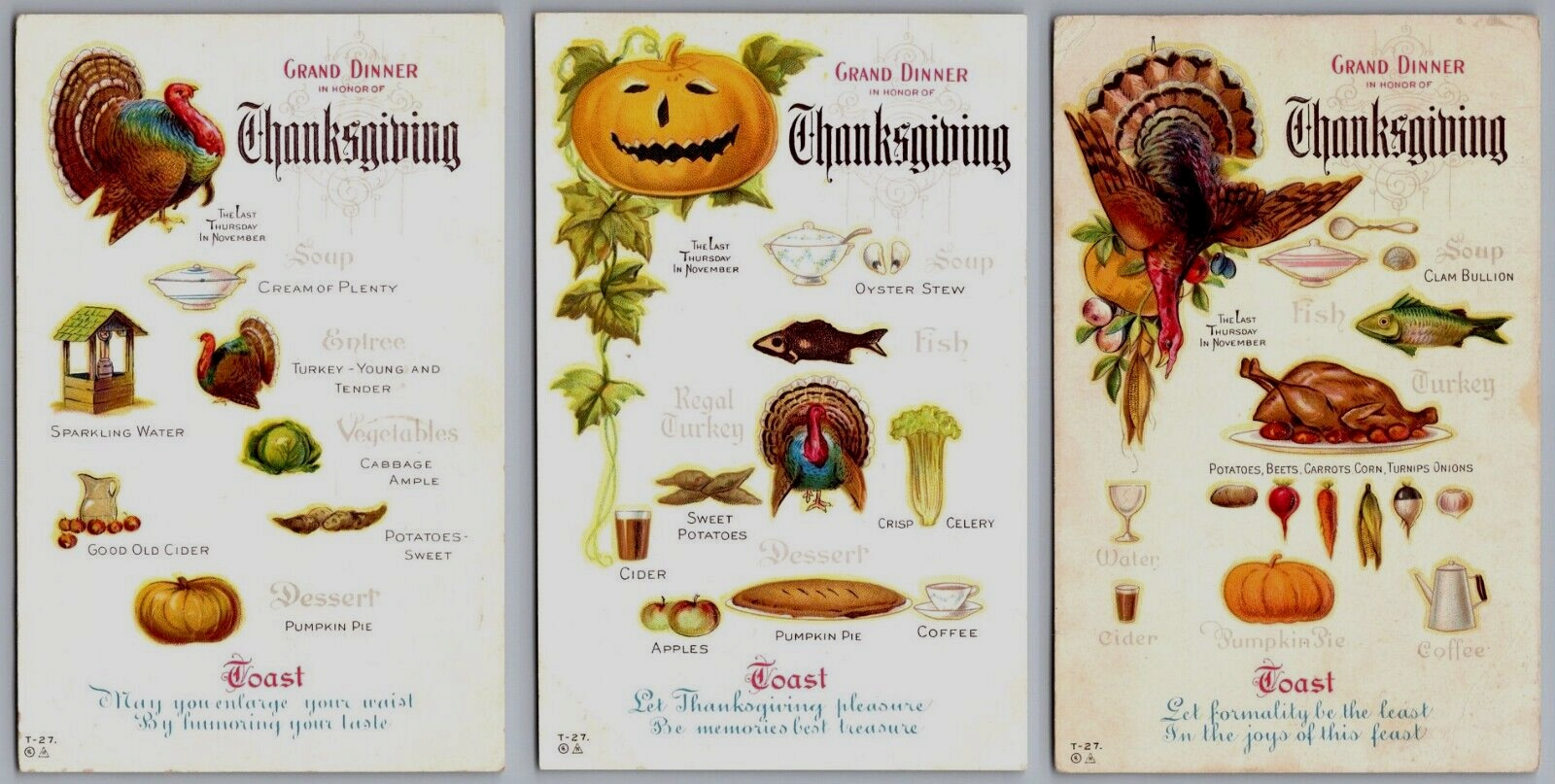 Lot of 3~Antique Thanksgiving Postcards~Grand Dinner~Menus -Food~Turkeys Fruit~