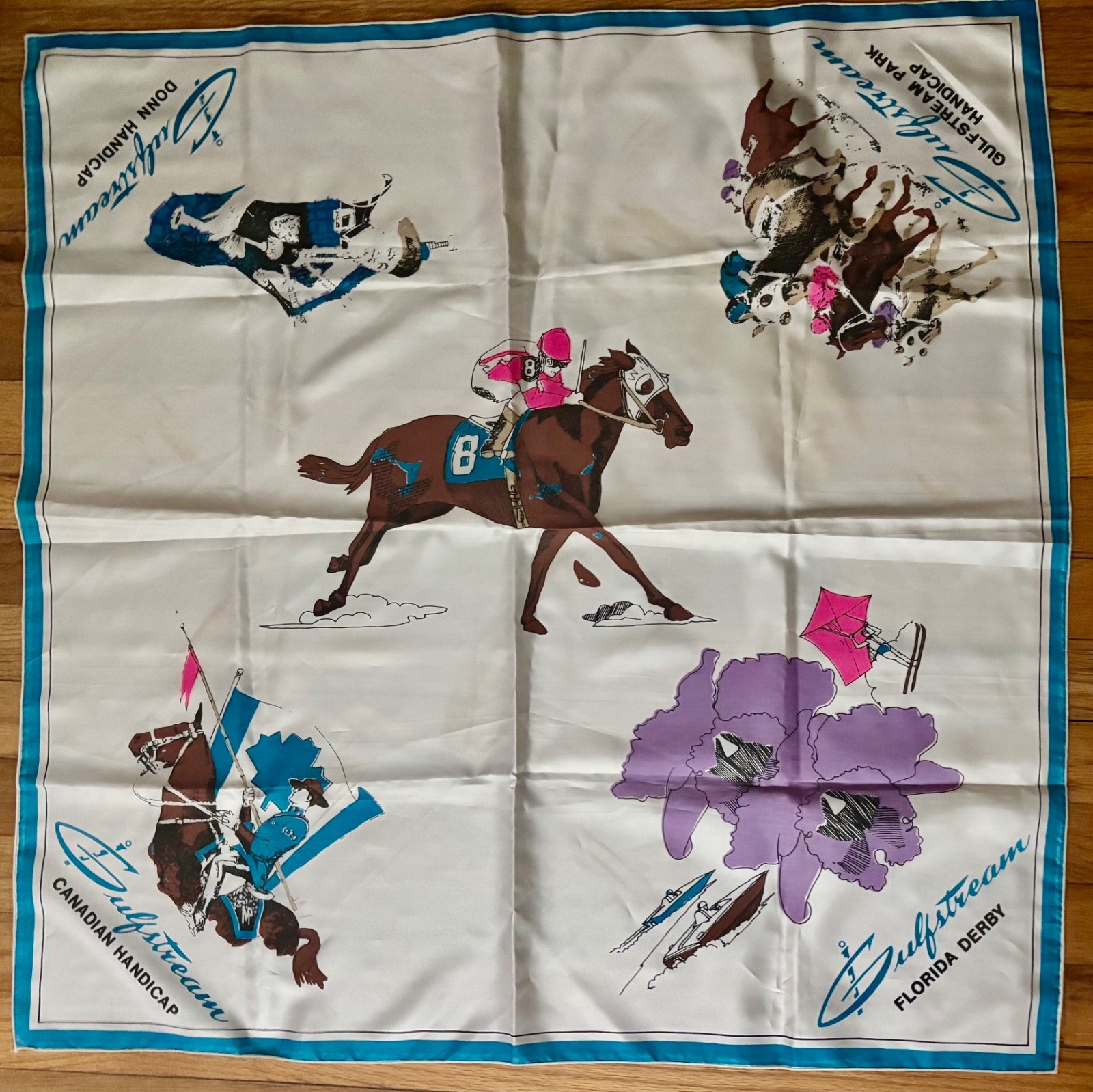 Vintage 1960s Gulfstream Park Hallandale Florida Souvenir Scarf
