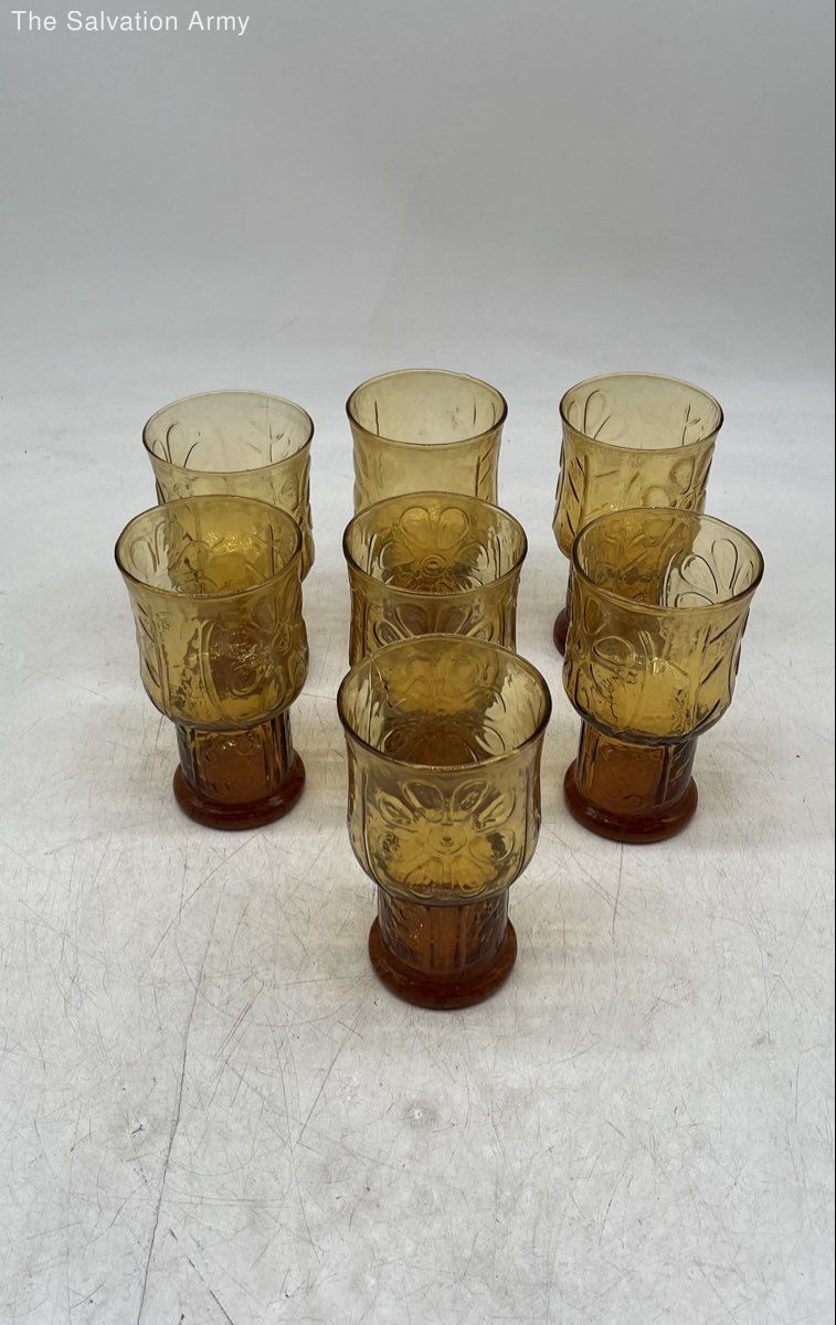 Vintage Libbey 1970\'s Amber Daisy Pedestal Drinking Tumbler Glasses Lot Of 7