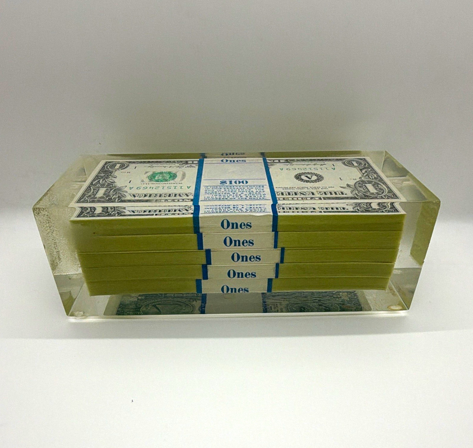 Vintage 1969 Lucite Money Block Paperweight Series 1969 B $500 Stack Mid Century