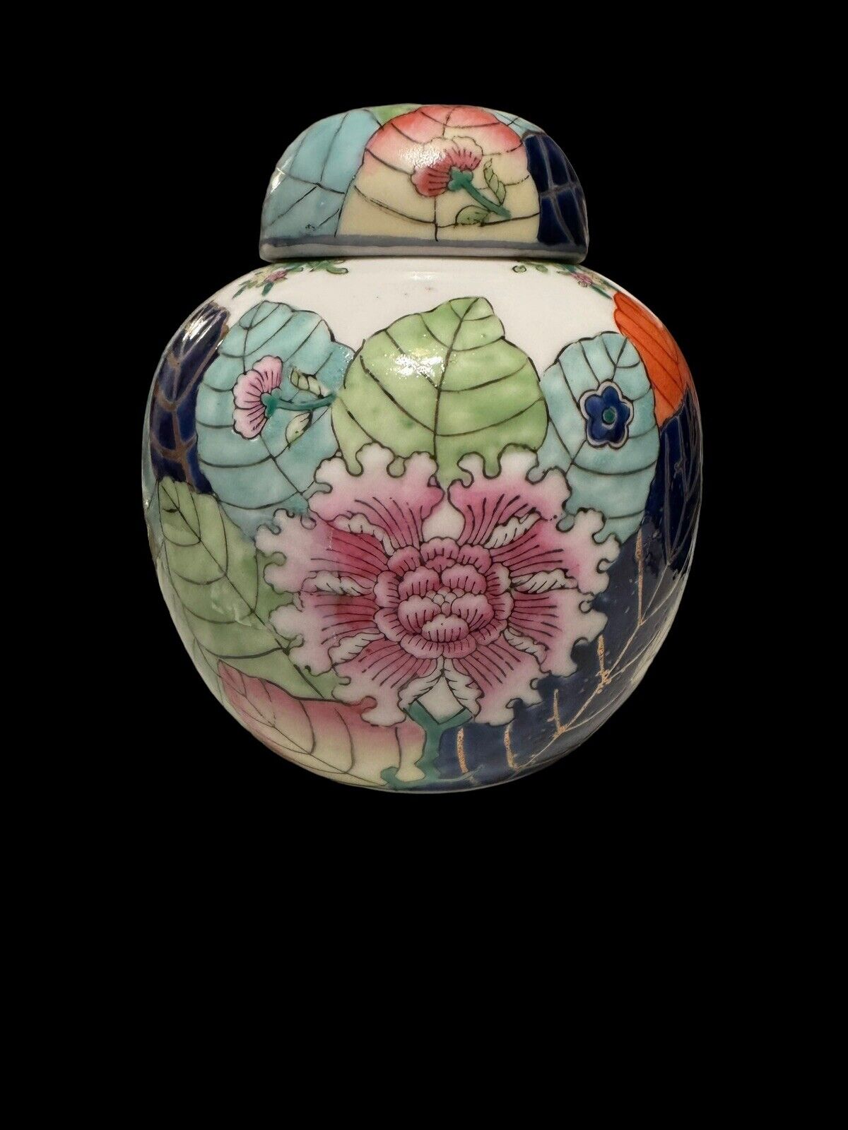 Vintage Tobacco Leaf Hand Painted Chinese Asian Ginger Jar 5” Mint
