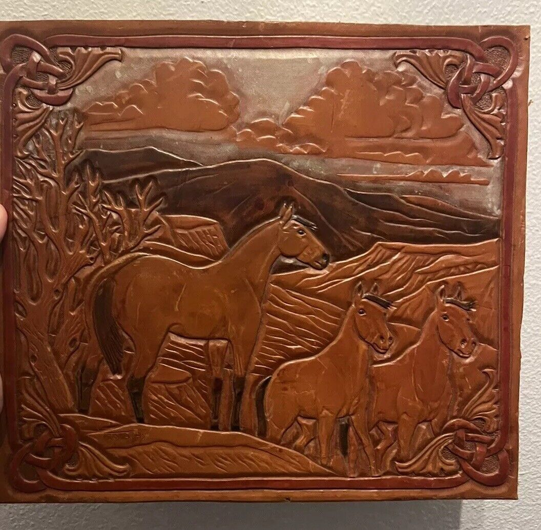 Vtg Handmade Tooled Art Carved Leather Equestrian Horses Picture Western Decor