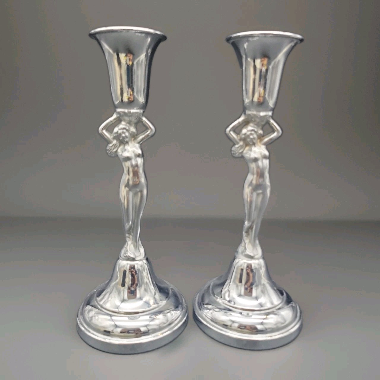 Vintage Art Deco Farber Bros Krome Kraft Nude Female Candlestick Holders 8.5\ Vintage Art Deco Farber Bros Krome Kraft Nude Female Candlestick Holders 8.5\