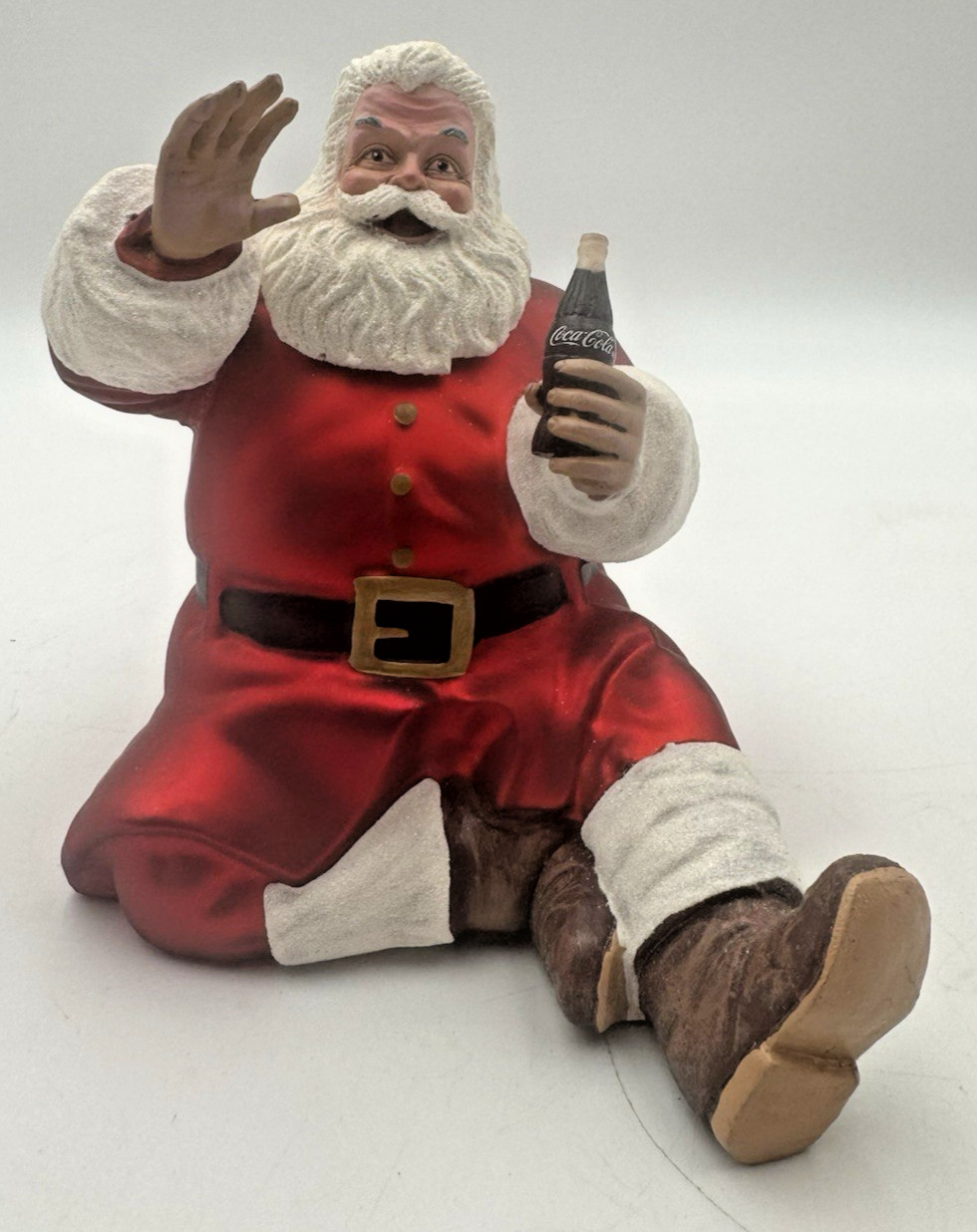 Coca Cola Santa Claus Figurine Sitting Waving Holding Coke Bottle Christmas