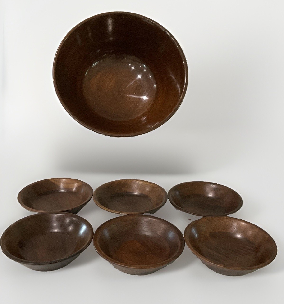 VTG (7 Pcs) Hand Turned Genuine Mahogany Wood 1 Salad Bowl & 6 Serving Bowls