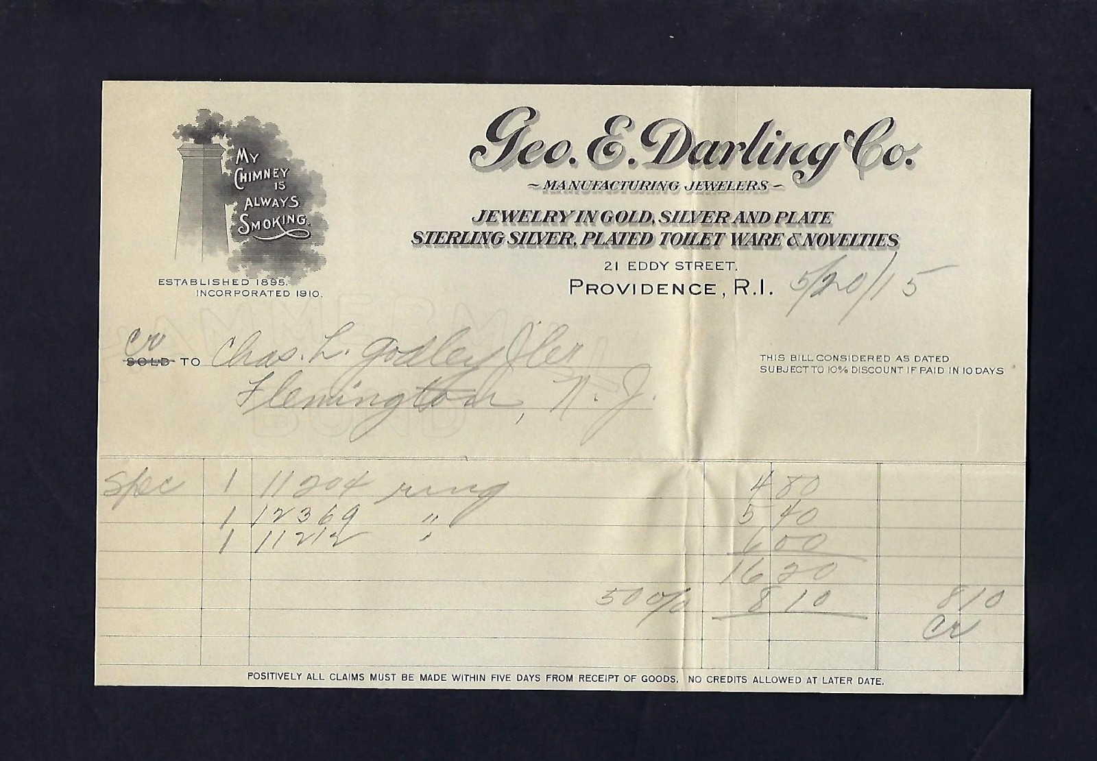 1915 Geo. E. Darling Co. Providence RI Jewelry Billhead, Antique Ephemera 1915 Geo. E. Darling Co. Providence RI Jewelry Billhead, Antique Ephemera
