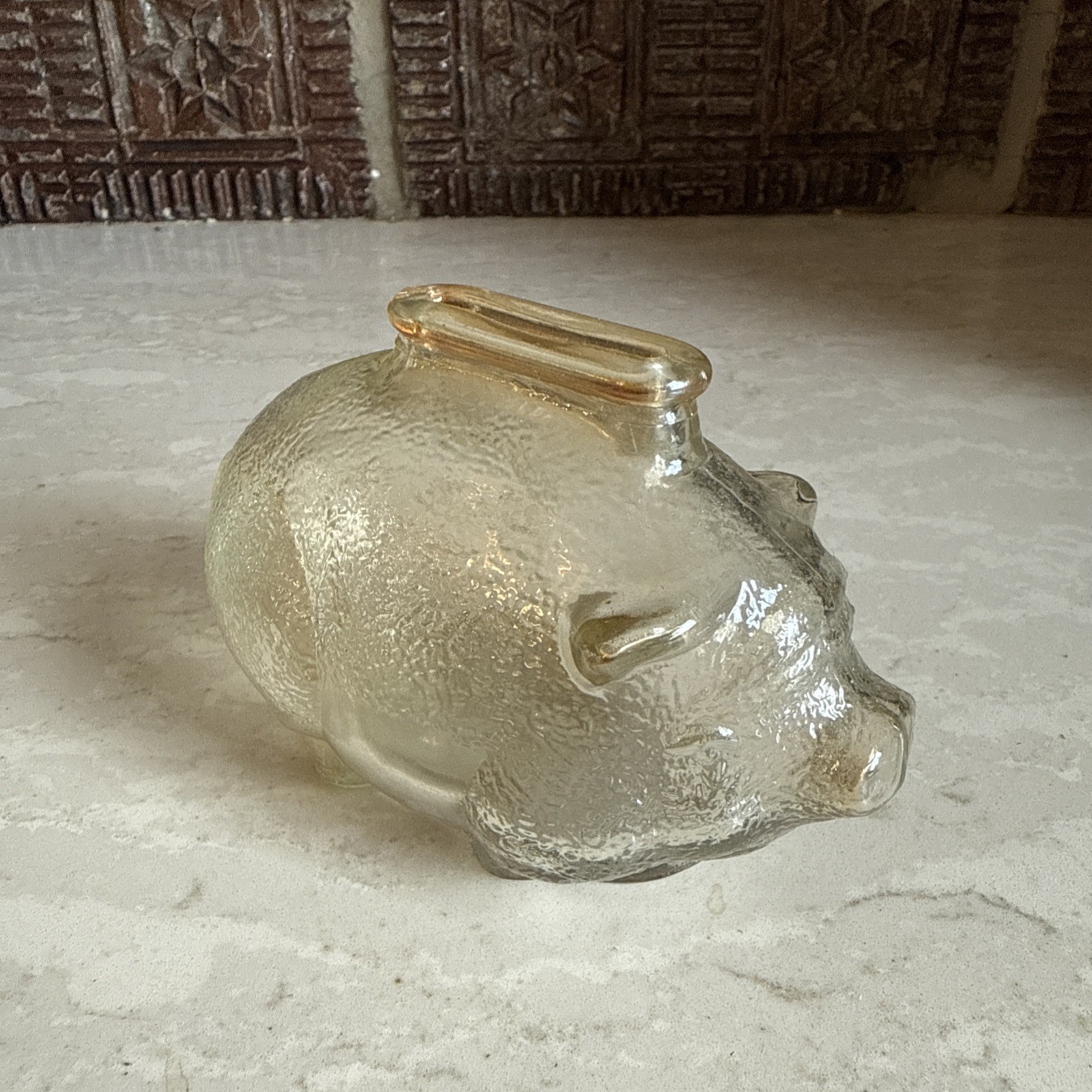 Vintage Amber Clear Iridescent 4” Piggy Coin Bank Textured Vintage Amber Clear Iridescent 4” Piggy Coin Bank Textured