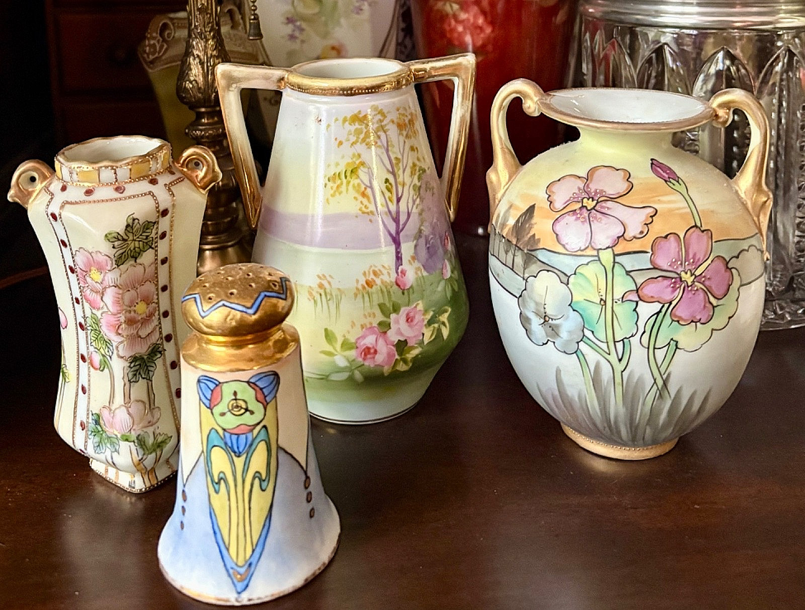 4-Piece Collection of Nippon Hand-Painted Porcelain 3 Vases and Shaker