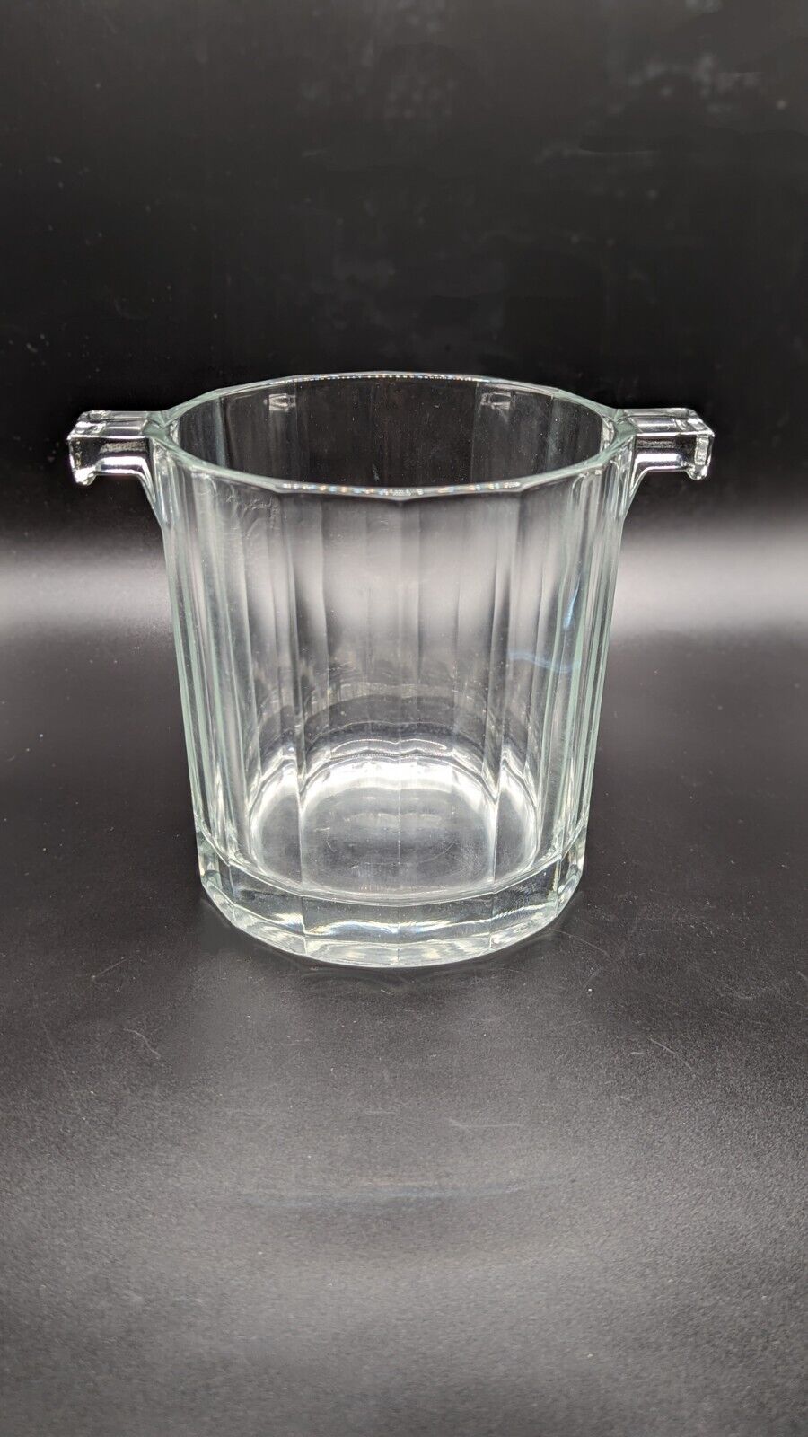 Vintage Heavy Vertically Lined Glass Ice Bucket W/Handles 5\