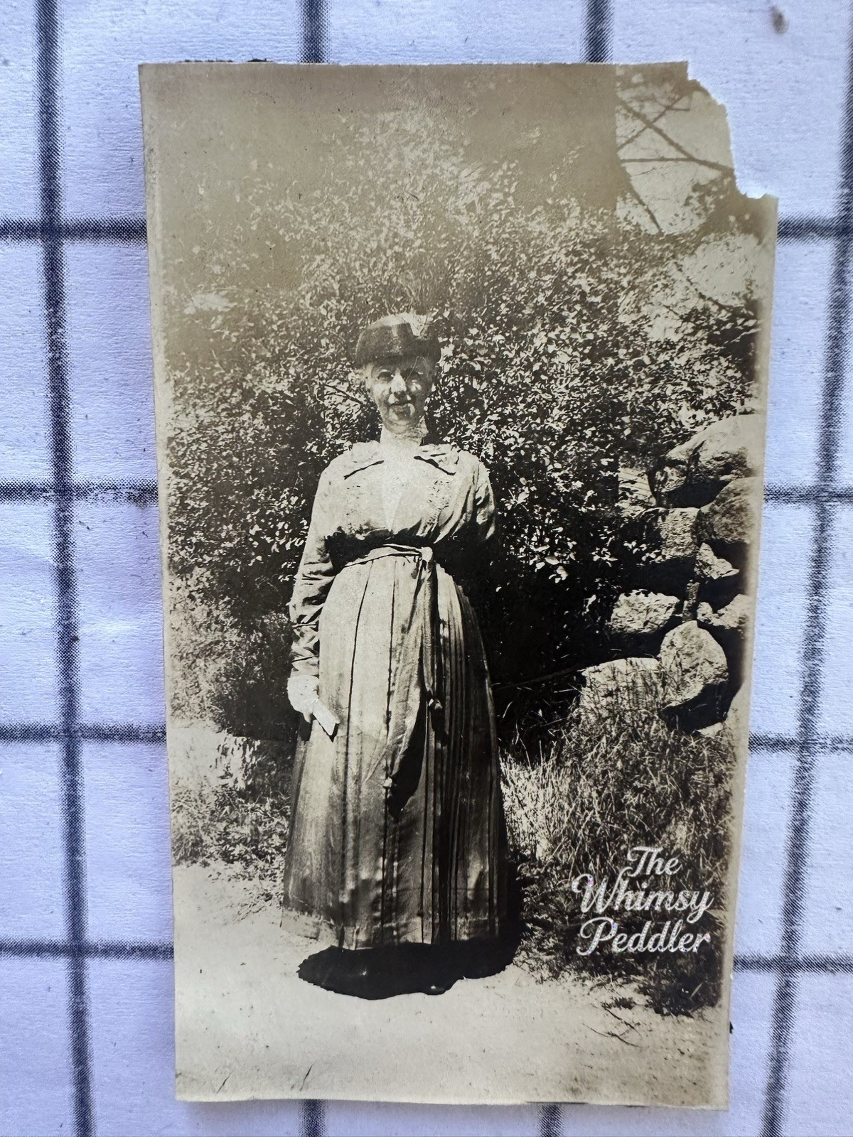 Antique 1910s Photo Woman Long Dress Belted Waist Edwardian Fashion Outdoors