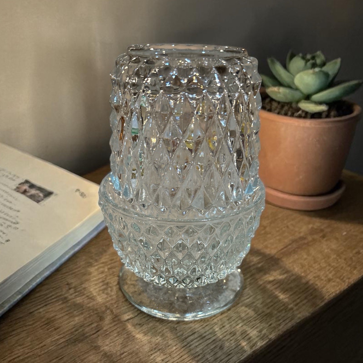 Indiana Glass Diamond Point Fairy Lamp Angel Light Candle Holder Two Pieces  Indiana Glass Diamond Point Fairy Lamp Angel Light Candle Holder Two Pieces 