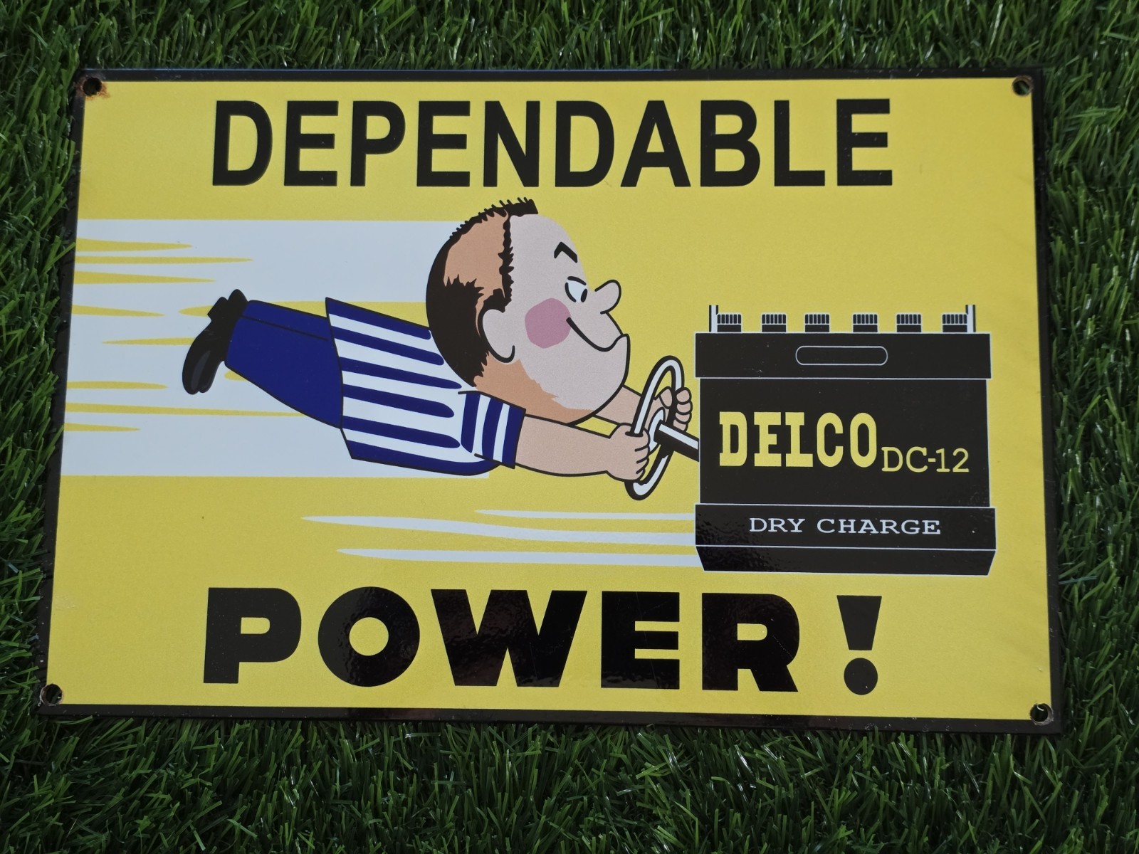 VINTAGE A C DELCO DEPENDABLE BATTERY FRESHY BOY PORCELAIN GAS OIL SIGN 12