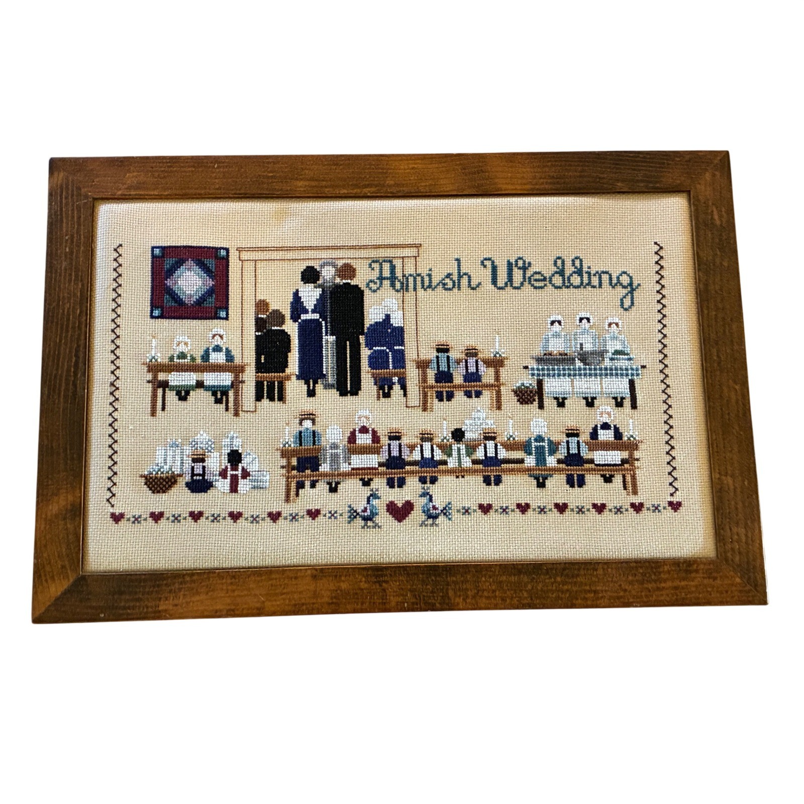VTG Amish Wedding Cross Stitch Framed Folk Art Needlepoint Cottagecore 13x19