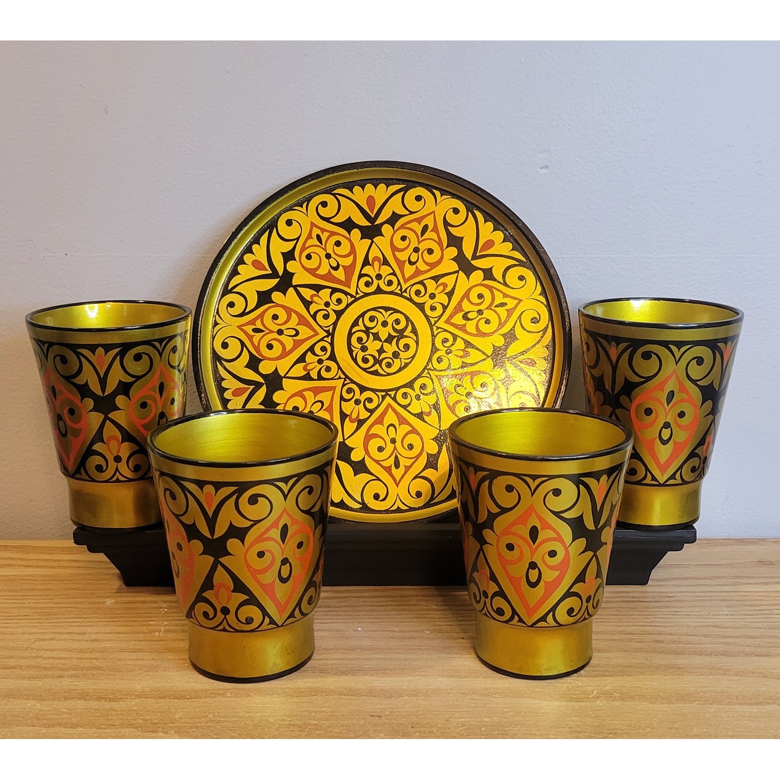 Vintage 1984 USSR Agidel Ufa Ayran Goblet Set Lacquered Soviet Folk Art Tray 5pc
