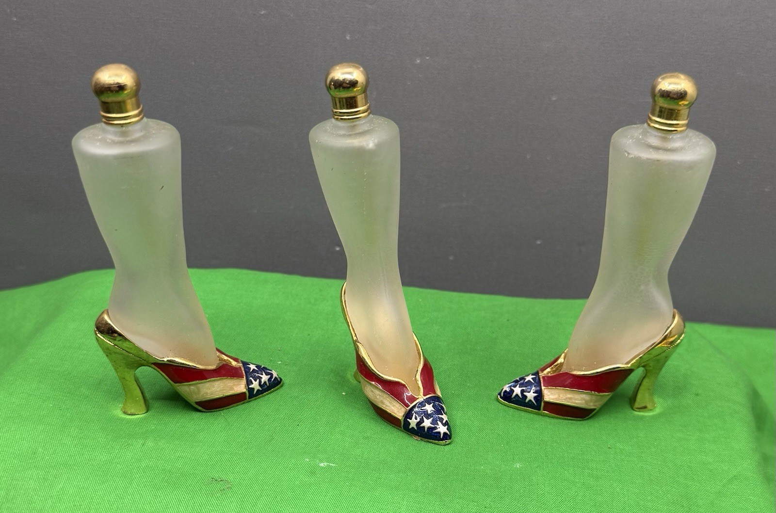 3 Frosted Glass High-Heel  Leg Shape Perfume Bottles w/ Patriotic Flag Motif