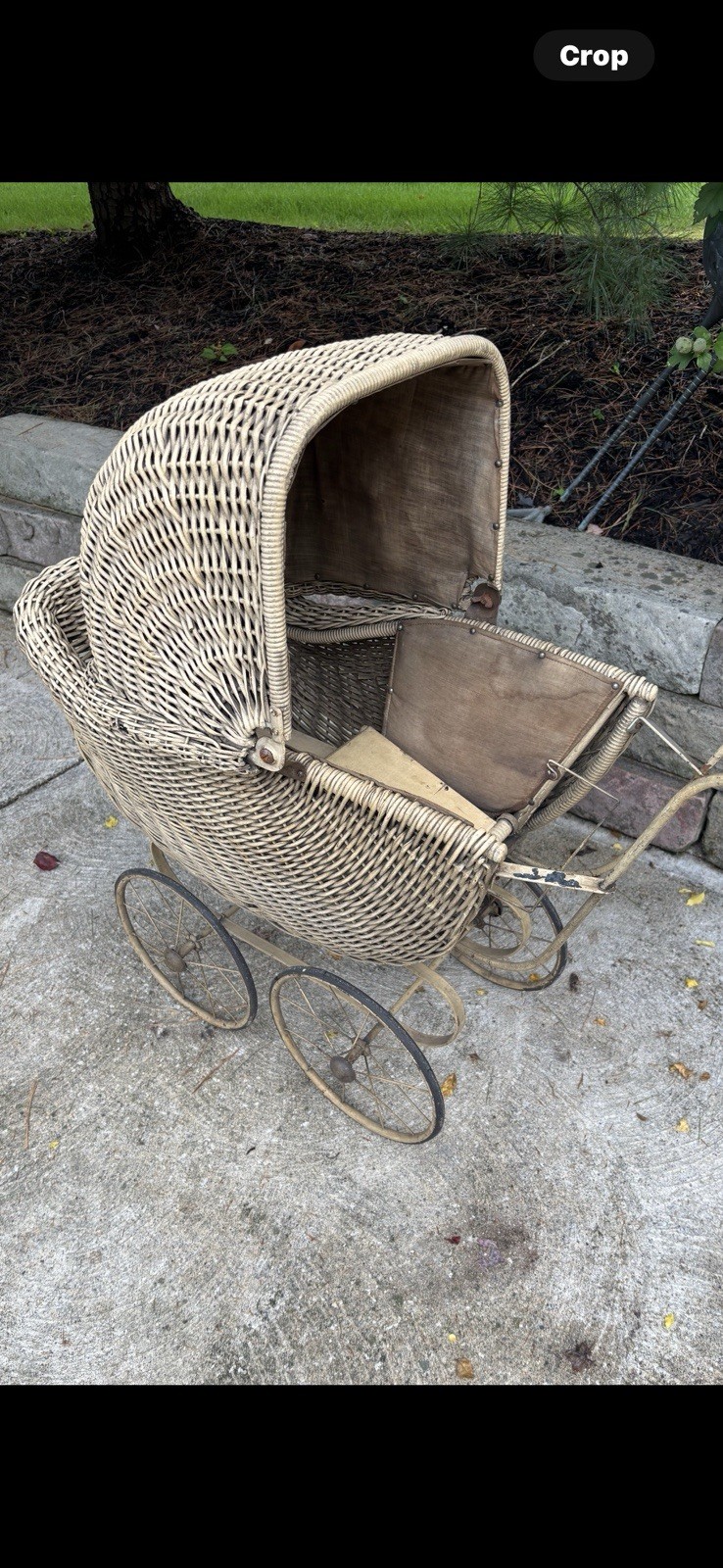 Vintage Beige Wicker Baby Carriage with Metal Wheels & Fabric Interior