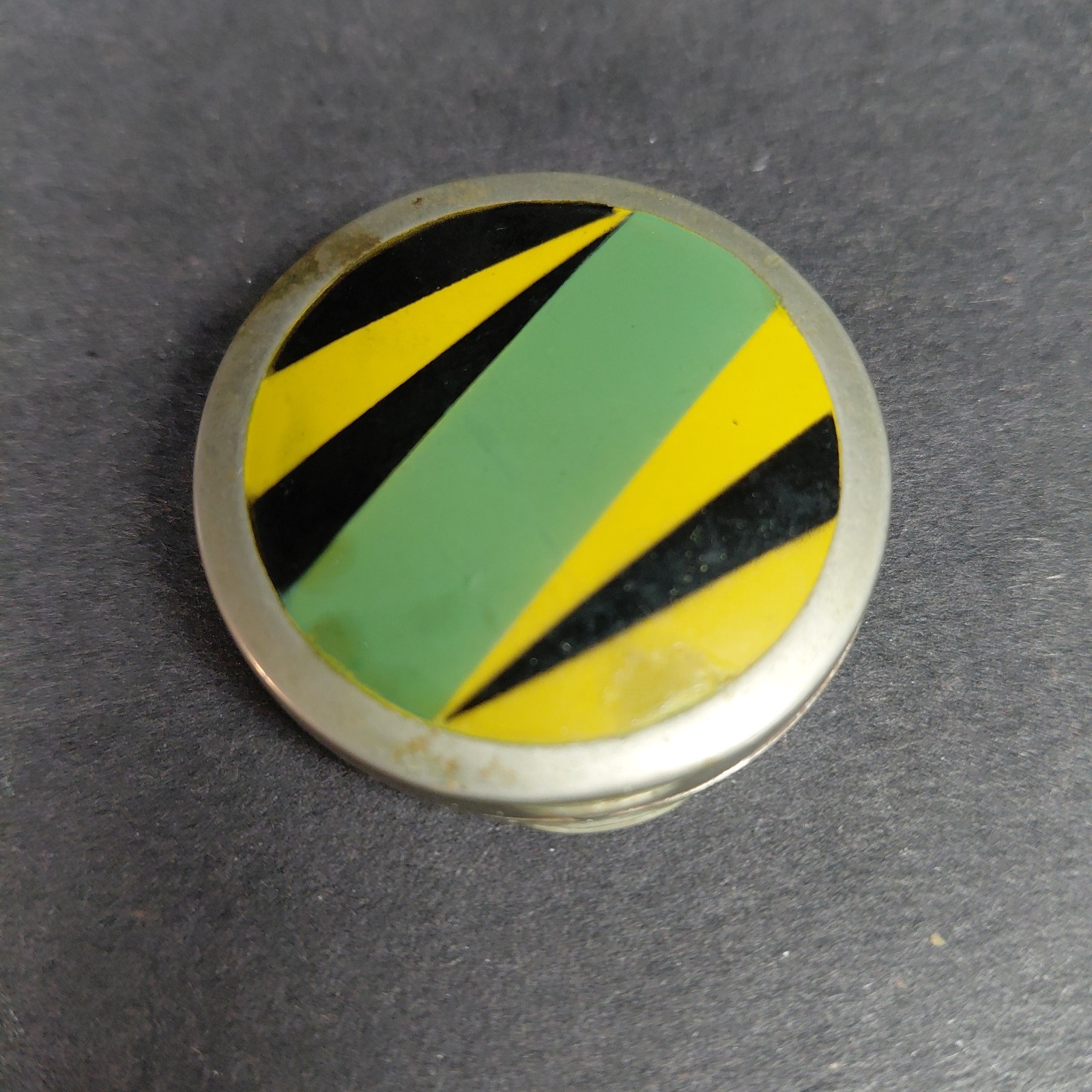 VTG Art Deco Green Yellow Black Geometric Mirrored Rouge Blush Powder Compact
