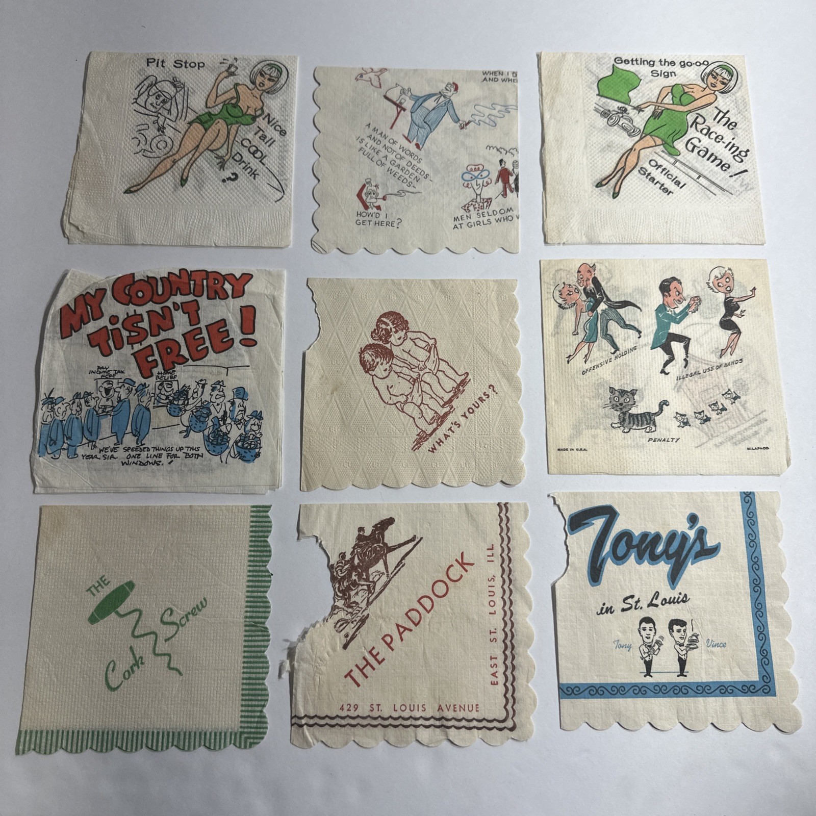 Vintage Novelty Napkins Bar Comic Cocktail Ephemera Lot Of 9