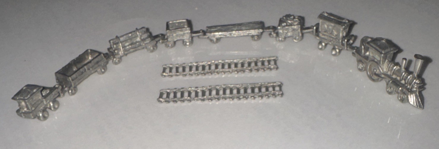 Vintage Miniature Die Cast Pewter 10 Piece Train Set w/ Tracks & Prospector Fig.