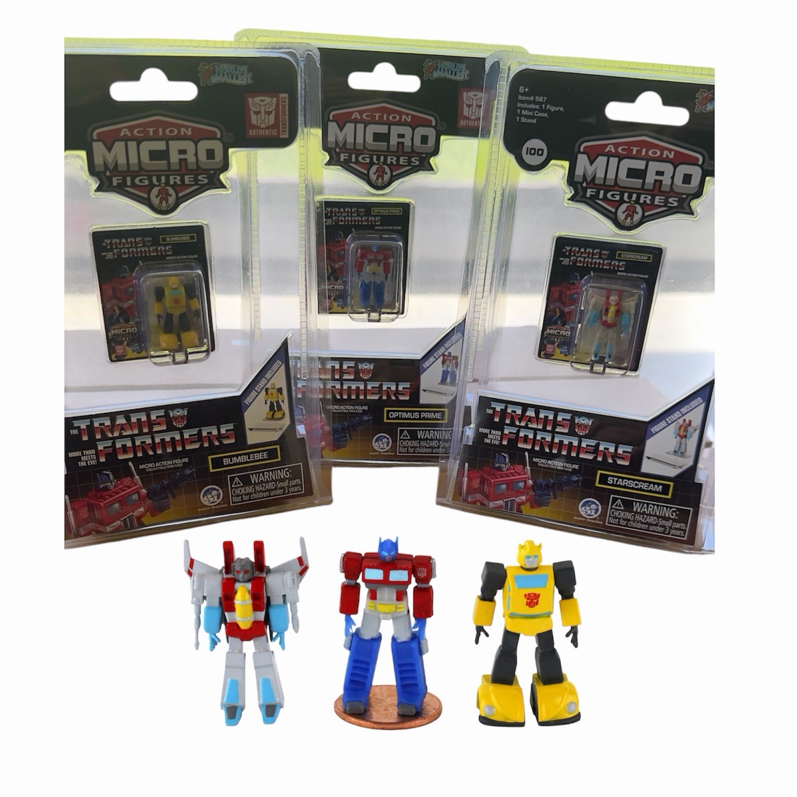 3 Transformers World\'s Smallest Action Micro Figures -Bumblebee, Optimus Prime.
