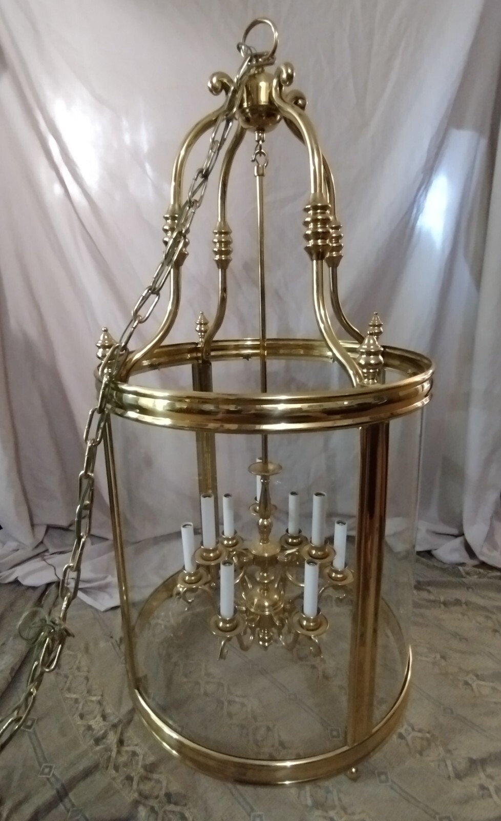 Rare 9-Light Curved Glass & Brass Foyer Lantern Chandelier | 46