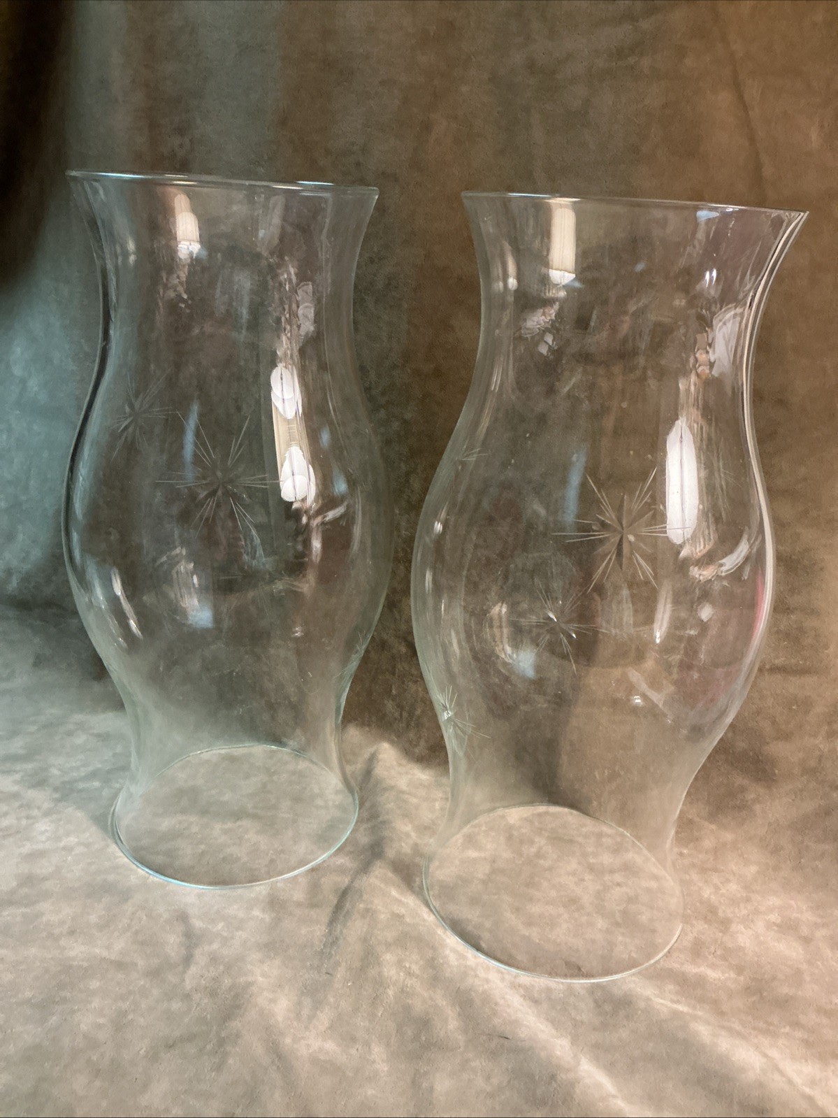 1920s Fostoria glass starburst cut pattern hurricane chimney shade pr