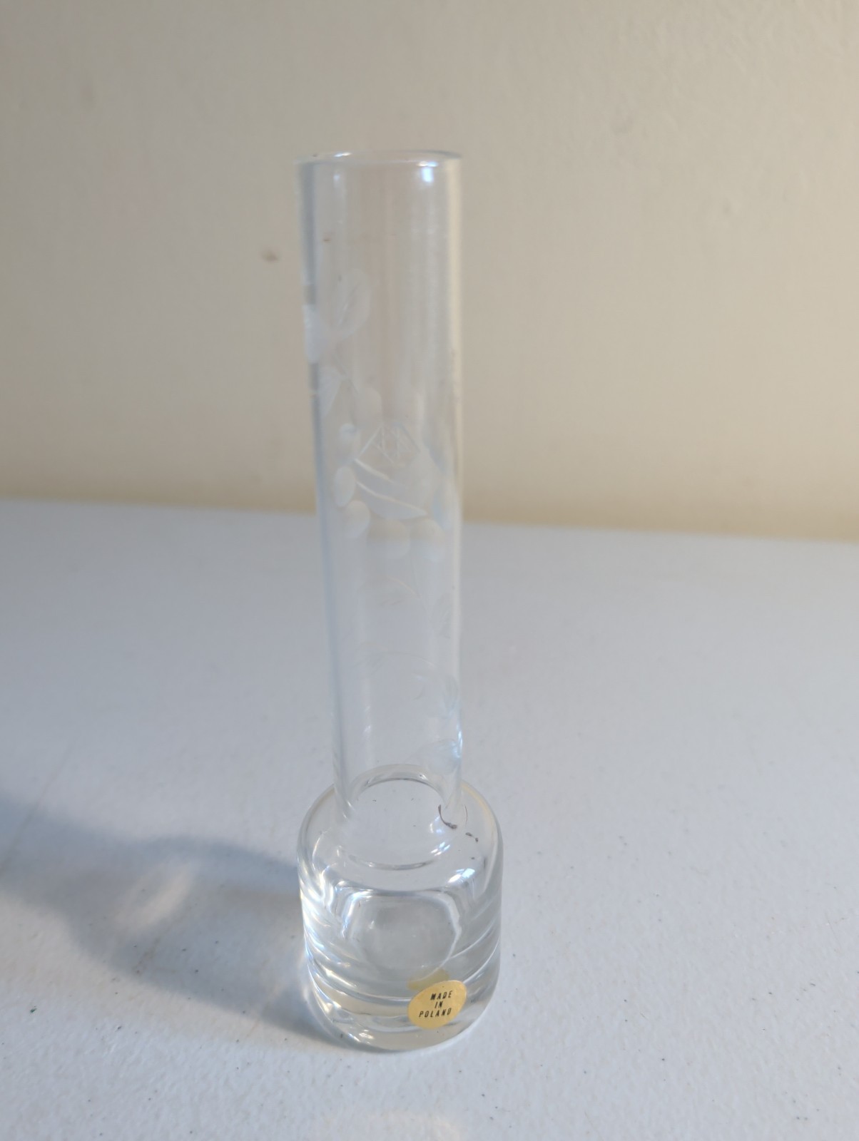 Vintage Made in Poland Clear Glass Bud Vase Etched Floral 6.5\